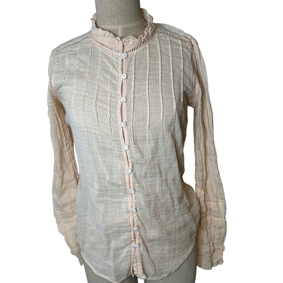 Faherty Tops - Faherty Organic Cotton Ruffle Blouse Sz S Peach Victorian Pintuck Lace Coquette